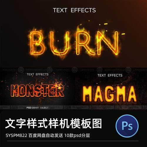 字体样式 字体创意火焰熔岩流动碎裂发光红色火焰字体样式psd素材