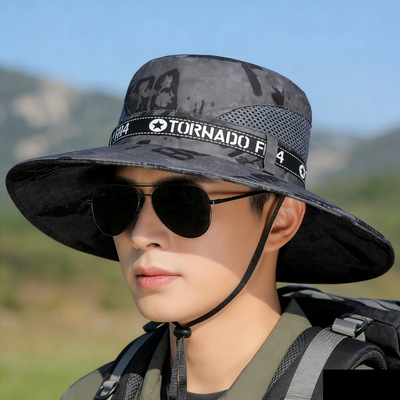 夏季防晒遮阳帽子男士户外旅游钓鱼登山大檐渔夫帽透气迷彩太阳帽