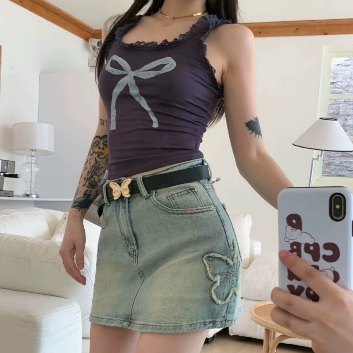 设计感蝴蝶刺绣牛仔裙女夏季复古高腰包臀裙防走光半身裙