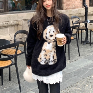美式黑色斑点狗圆领针织衫毛衣女冬季新款慵懒风宽松百搭套头上衣