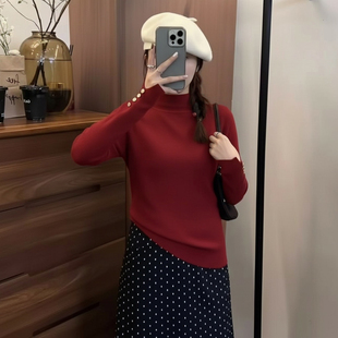 红色羊绒半高领打底针织衫女冬内搭高级感毛衣短款修身软糯上衣