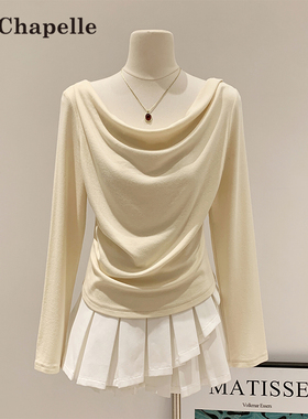 拉夏贝尔法式荡领长袖打底衫女内搭春早秋露肩一字肩黑色针织上衣