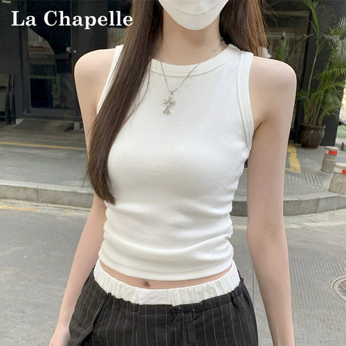 拉夏贝尔白色美式工字无袖背心女