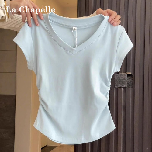 拉夏贝尔蓝色V领正肩短袖T恤女夏