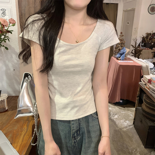 显瘦低领露背百搭灰色上衣 U领正肩t恤女短袖 夏季 2025新款 纯棉修身
