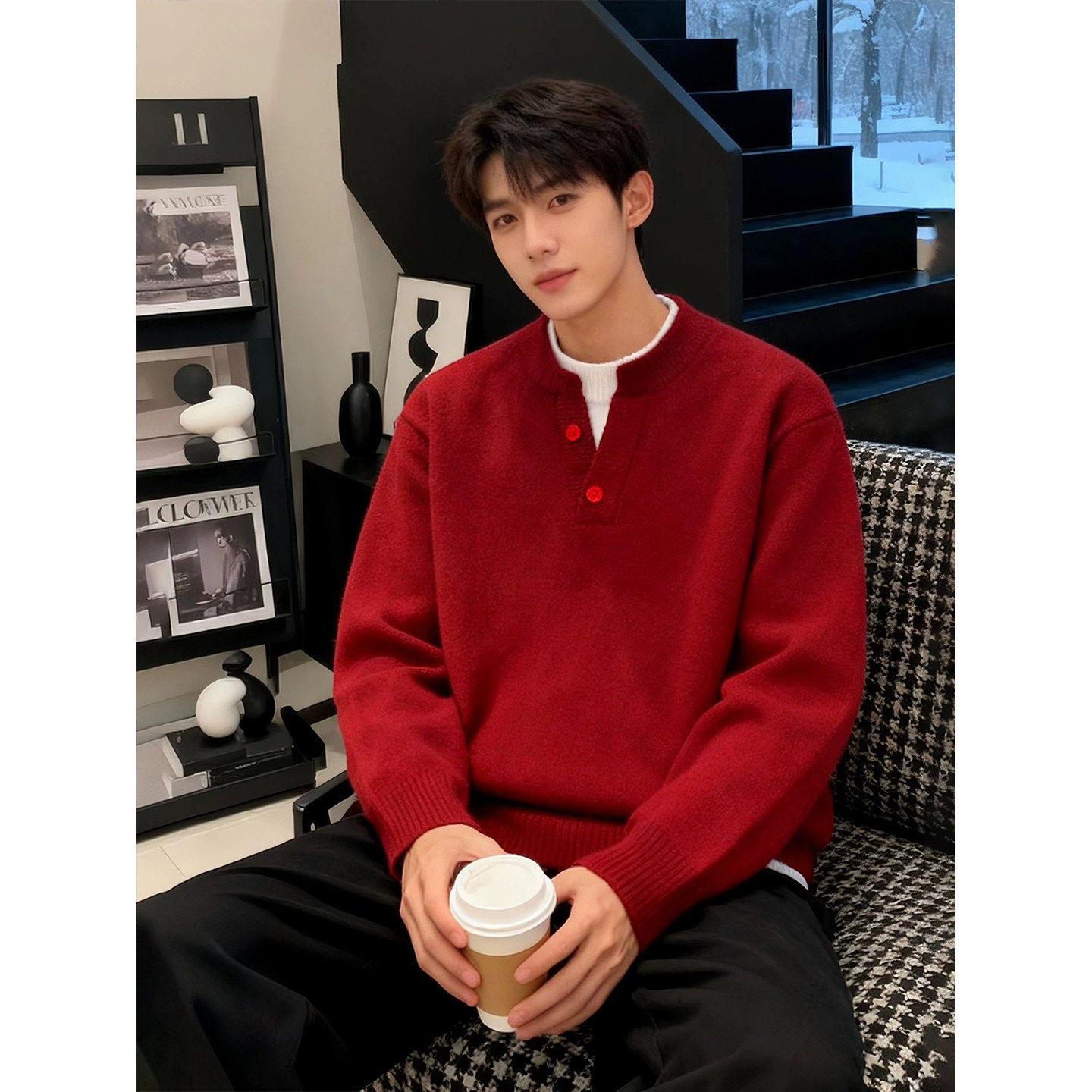 假两件红色亨利领毛衣男款冬季加厚新年穿搭圆领针织衫情侣打底衫,男装,针织衫/毛衣,淘宝优惠券,粉丝福利购,淘宝优惠卷