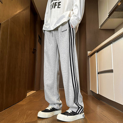 美式重磅条纹灰色卫裤男生裤子秋冬款加绒直筒运动休闲长裤高街潮