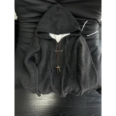 美式复古黑色连帽v领针织