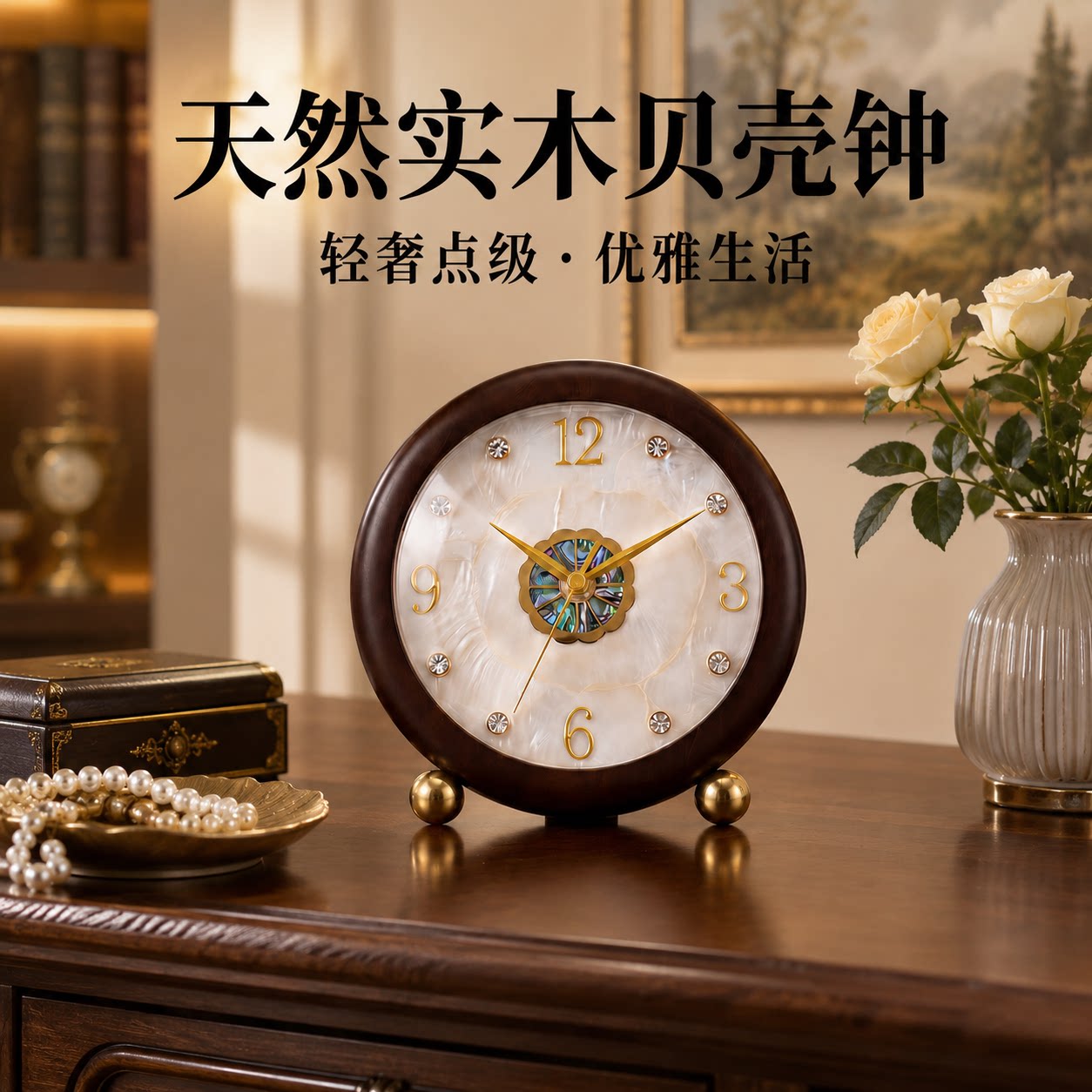 轻奢贝壳实木静音钟表座钟图片