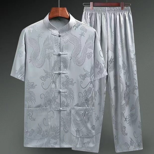 夏季唐装男短袖套装中老年人夏天汉服衣服男爷爷夏装6070岁爸爸装
