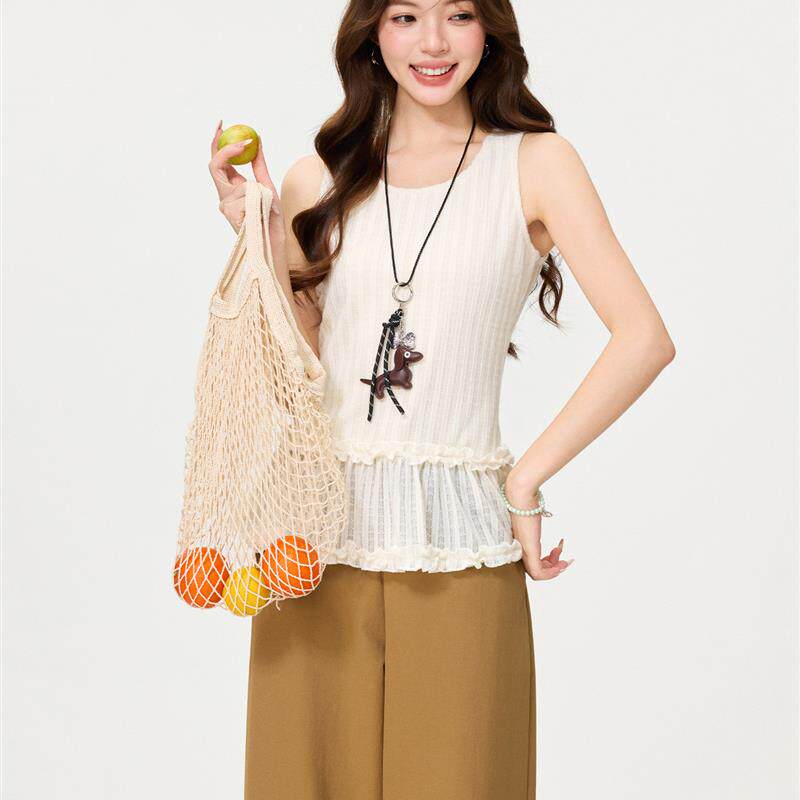 韩系杏色U领蕾丝花边下摆背心吊带2026春季新款外穿袖上衣女装