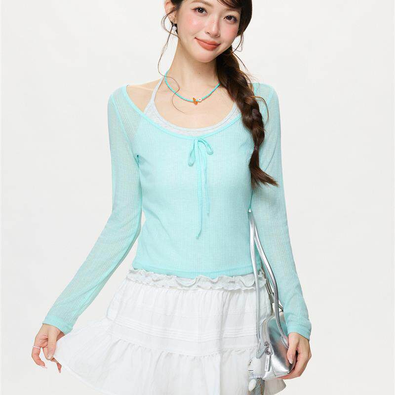 蓝色V领系带薄款微透长袖T恤罩衫女2026春夏叠穿外穿修身显瘦上衣