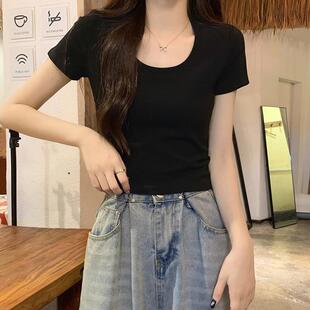 酒红色显白显瘦短款上衣女夏季2026新款纯棉正肩遮肉短袖打底T恤