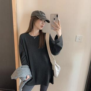 搭配鲨鱼裤中长款纯色圆领长袖T恤女秋冬季德绒保暖卫衣内搭上衣