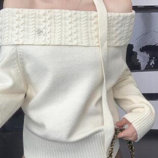 温柔风一字肩露肩软糯毛衣女2026早秋小个子甜美麻花针织衫上衣