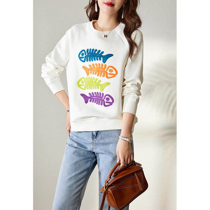 鱼骨刺绣复古美式卫衣女装2025新款春秋厚设计感小众女款短款上衣