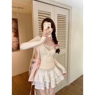 杏色纯欲蕾丝花边bm碎花长袖T恤女早秋修身假两件设计感气质上衣