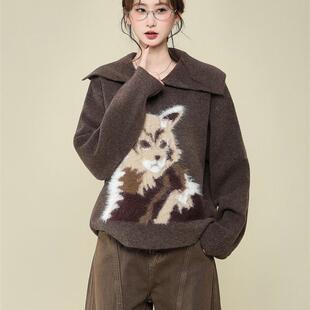 棕色小狗毛绒翻领长袖针织毛衣外套秋冬季打底内搭加厚保暖上衣女