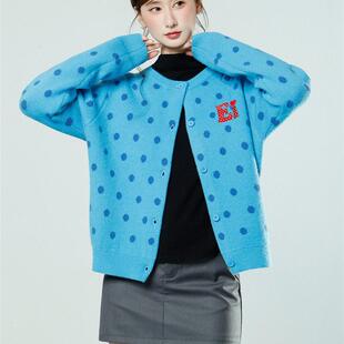 美式复古蓝色波点圆领毛衣外套女2026秋冬慵懒风加厚针织开衫上衣