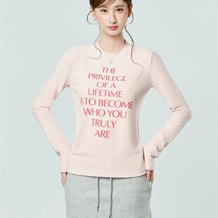 粉色圆领长袖T恤女可外穿秋冬季德绒加厚字母印花内搭打底衫上衣