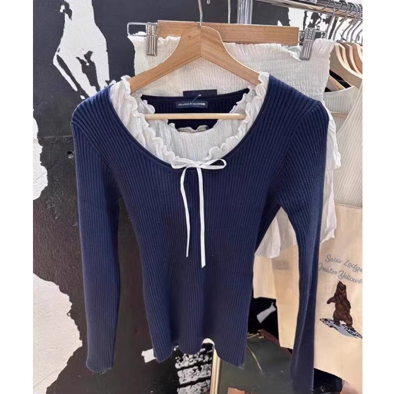 藏青修身百搭长袖毛衣女