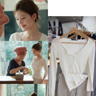 显瘦纽扣打底衫 Brandy T恤女修身 白色螺纹长袖 上衣 bm赵露思同款