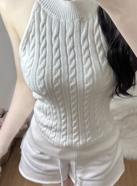 Brandy bm新款白色麻花挂脖无袖背心女外穿露背针织吊带上衣2025