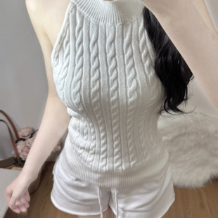 Brandy bm新款白色麻花挂脖无袖背心女外穿露背针织吊带上衣2025