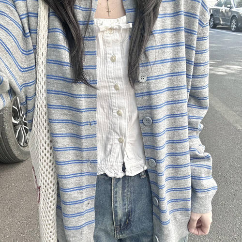 Brandy bm韩版春秋新复古条纹毛衣针织开衫学院慵懒风外套上衣女