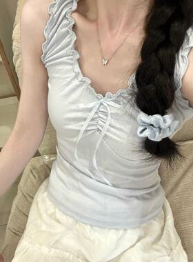 Brandy girl bm纯欲甜辣浅蓝色上衣木耳边无袖吊带背心女短款外穿