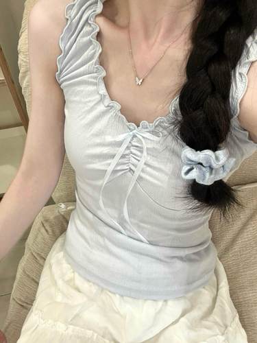 Brandy girl bm纯欲甜辣浅蓝色上衣木耳边无袖吊带背心女短款外穿