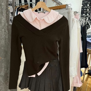 女打底衫 长袖 上衣秋冬 bm棕色格蕾系V领交叉螺纹针织修身 Brandy