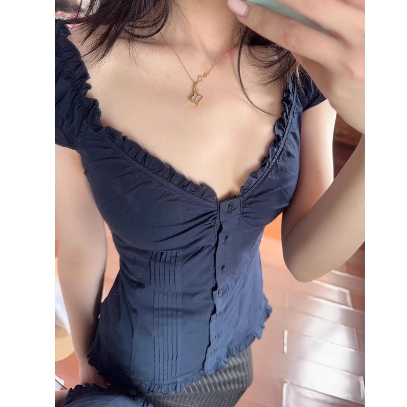 Brandy BM藏蓝色超好看温柔独特绝美短袖衬衫修身短款小上衣女夏
