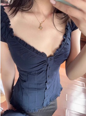 Brandy BM藏蓝色超好看温柔独特绝美短袖衬衫修身短款小上衣女夏