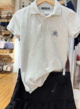 Brandy bm灰色美式复古猫咪蝴蝶刺绣polo领纯棉短袖T恤女夏季新款