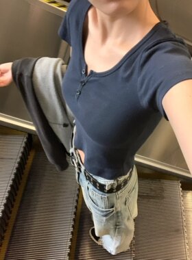 Brany girl bm美式复古藏蓝色短袖纽扣上衣女辣妹修身短款露脐T恤