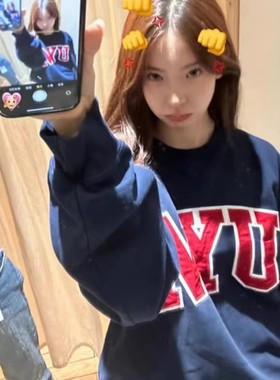 brandy秋冬新款藏蓝色NYU刺绣字母口袋卫衣女套头 bm宽松长袖上衣