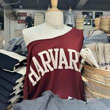 brandy美式复古酒红色哈佛字母贴布绣大版短袖T恤女bm一字领上衣