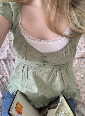 Brandy BM新款绿色泡泡袖短袖上衣女bm花边三粒扣T恤小清新叠穿夏