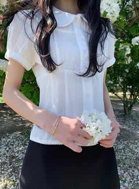 Brandy bm白色娃娃领短款泡泡袖正肩收腰短袖衬衣白衬衫上衣女夏