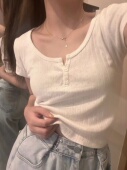 girl 白色bm甜辣设计感上衣三粒扣短袖 T恤bm修身 Brandy 短款 女夏