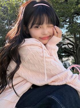 BM风brandy同款粉色针织麻花拉链连帽抽绳开衫毛衣外套上衣女