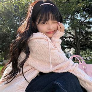 BM风brandy同款 毛衣外套上衣女 粉色针织麻花拉链连帽抽绳开衫