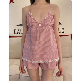 BM复古红色格子木耳边v领吊带背心bm纯欲双蝴蝶结蕾丝边显瘦上衣