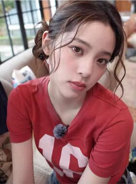 Brandy bm红色美式复古辣妹欧阳娜娜同款16数字印花短袖正肩上衣