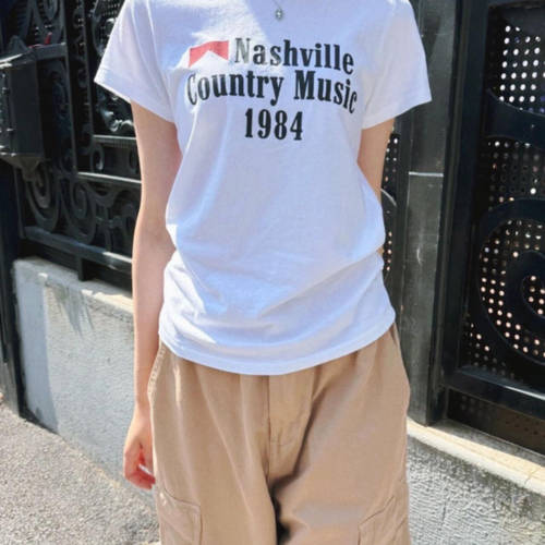 brandy bm欧阳娜娜同款白色美式字母印花正肩修身短袖T恤上衣