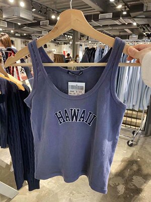 Brandy girl官网藏青纯棉HAWAII刺绣圆领BM短款修身背心吊带女