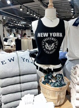 Brandy Girl bm黑色老鹰印花无袖蕾丝打底吊带背心女ins纯棉夏季