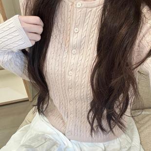 短款 麻花针织衫 修身 网红款 上衣外套 现货 开衫 bm浅粉色圆领长袖