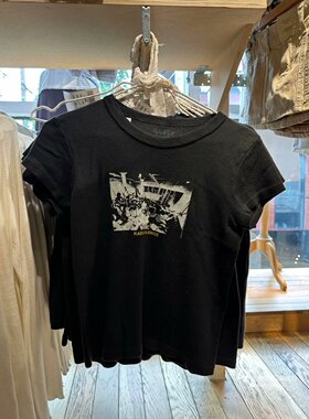 Brandy bm黑色美式复古圆领新款纯棉复古做旧印花短袖T恤小众上衣